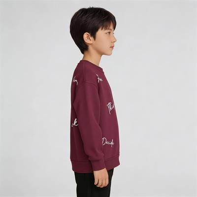 Bisiklet Yaka Nakışlı Oversize Kalıp Çocuk Sweatshirt