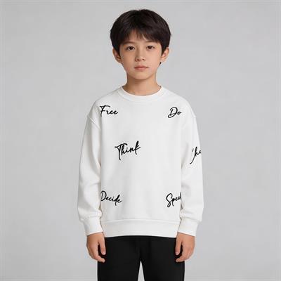 Bisiklet Yaka Nakışlı Oversize Kalıp Çocuk Sweatshirt