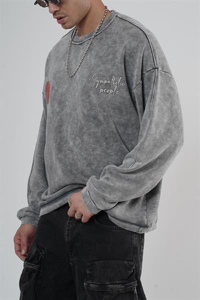 Bisiklet Yaka Ön ve Arka Basılı Yıkamalı Oversize Kalıp Unisex Sweatshirt