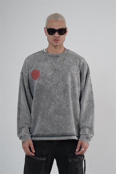 Bisiklet Yaka Ön ve Arka Basılı Yıkamalı Oversize Kalıp Unisex Sweatshirt