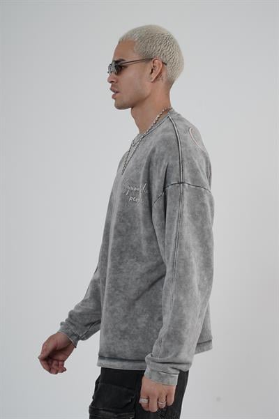 Bisiklet Yaka Ön ve Arka Basılı Yıkamalı Oversize Kalıp Unisex Sweatshirt