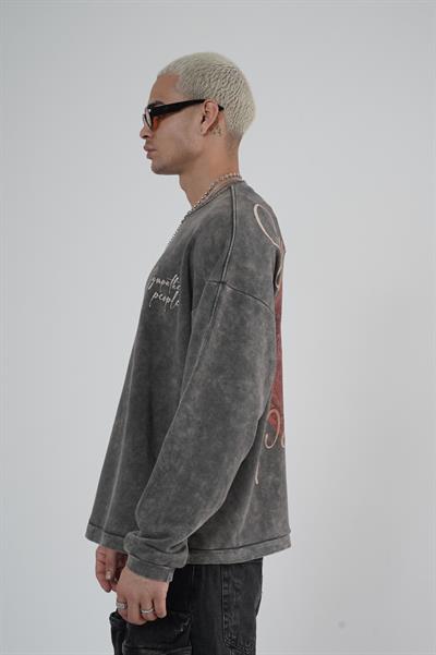 Bisiklet Yaka Ön ve Arka Basılı Yıkamalı Oversize Kalıp Unisex Sweatshirt