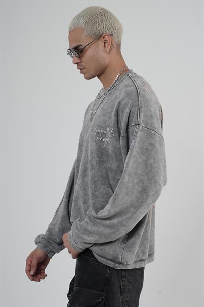 Bisiklet Yaka Ön ve Arka Basılı Yıkamalı Oversize Kalıp Unisex Sweatshirt