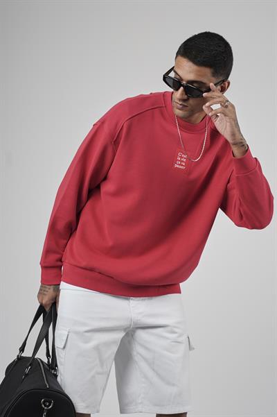Bisiklet Yaka Önü Etiket Detaylı Oversize Basic Erkek Sweatshirt