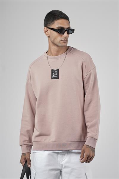 Bisiklet Yaka Önü Etiket Detaylı Oversize Basic Erkek Sweatshirt