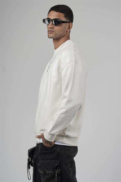 Bisiklet Yaka Önü Etiket Detaylı Oversize Basic Erkek Sweatshirt