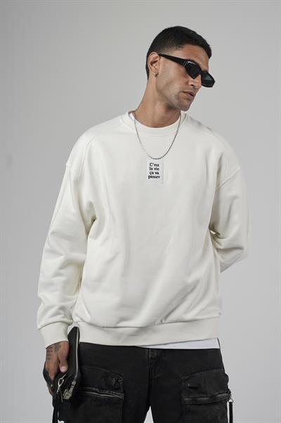 Bisiklet Yaka Önü Etiket Detaylı Oversize Basic Erkek Sweatshirt