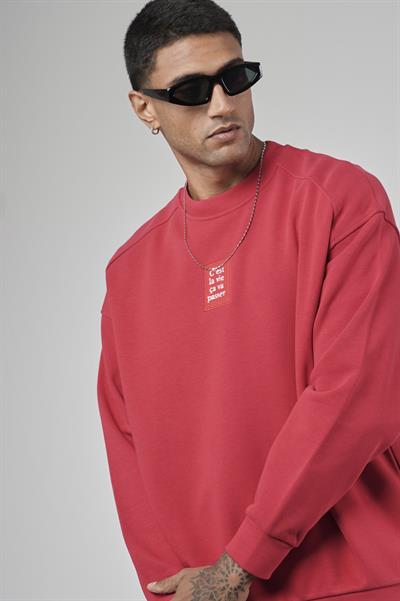 Bisiklet Yaka Önü Etiket Detaylı Oversize Basic Erkek Sweatshirt