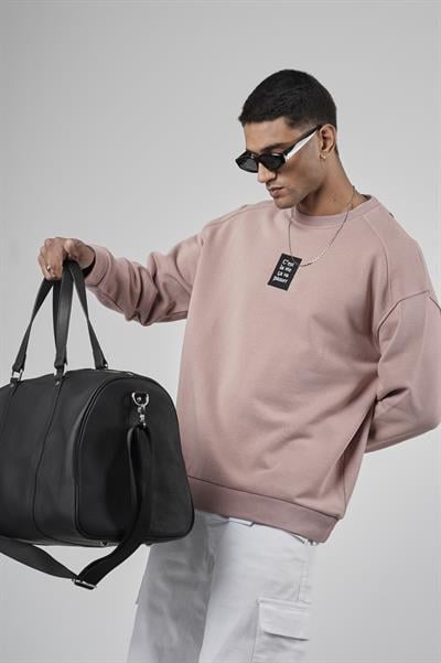 Bisiklet Yaka Önü Etiket Detaylı Oversize Basic Erkek Sweatshirt