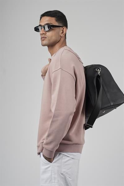 Bisiklet Yaka Önü Etiket Detaylı Oversize Basic Erkek Sweatshirt