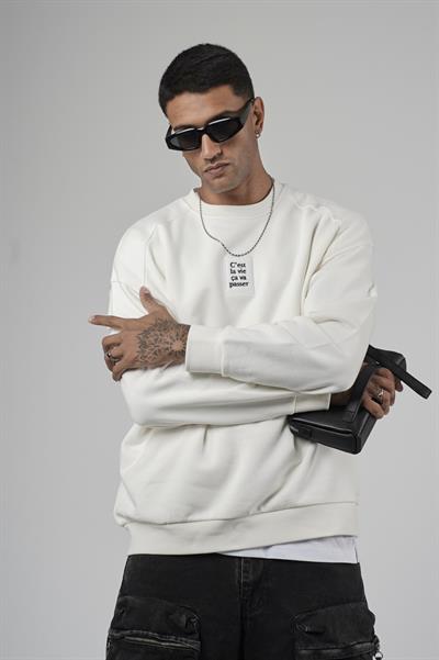 Bisiklet Yaka Önü Etiket Detaylı Oversize Basic Erkek Sweatshirt