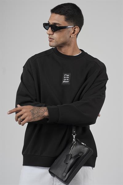 Bisiklet Yaka Önü Etiket Detaylı Oversize Basic Erkek Sweatshirt