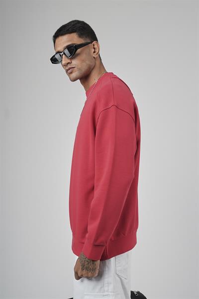 Bisiklet Yaka Önü Etiket Detaylı Oversize Basic Erkek Sweatshirt