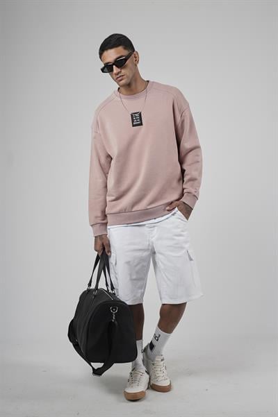 Bisiklet Yaka Önü Etiket Detaylı Oversize Basic Erkek Sweatshirt