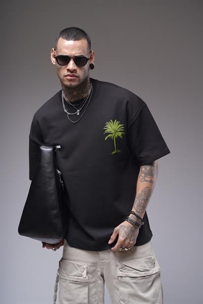 Bisiklet Yaka Palmiye Ağaç Baskılı Unisex Oversize Kalıp Tişört