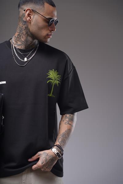 Bisiklet Yaka Palmiye Ağaç Baskılı Unisex Oversize Kalıp Tişört