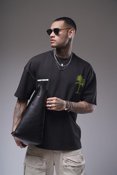 Bisiklet Yaka Palmiye Ağaç Baskılı Unisex Oversize Kalıp Tişört
