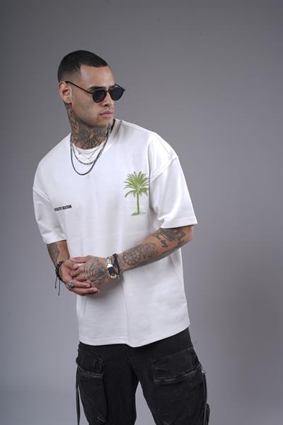 Bisiklet Yaka Palmiye Ağaç Baskılı Unisex Oversize Kalıp Tişört