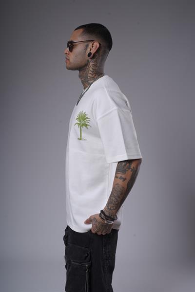 Bisiklet Yaka Palmiye Ağaç Baskılı Unisex Oversize Kalıp Tişört