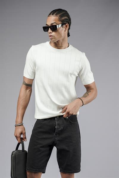 Bisiklet Yaka Regular Kalıp Fitilli Triko Tişört