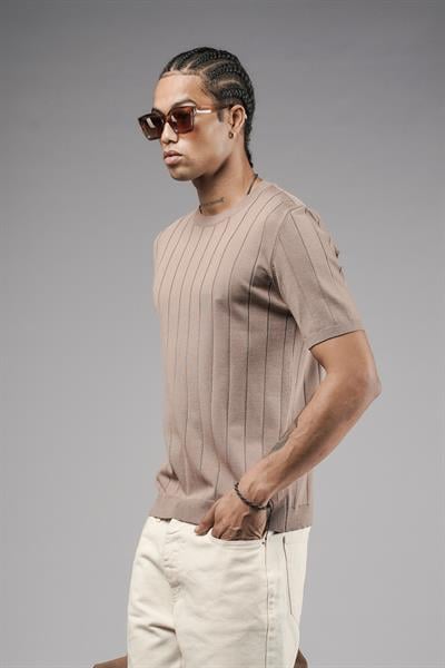 Bisiklet Yaka Regular Kalıp Fitilli Triko Tişört