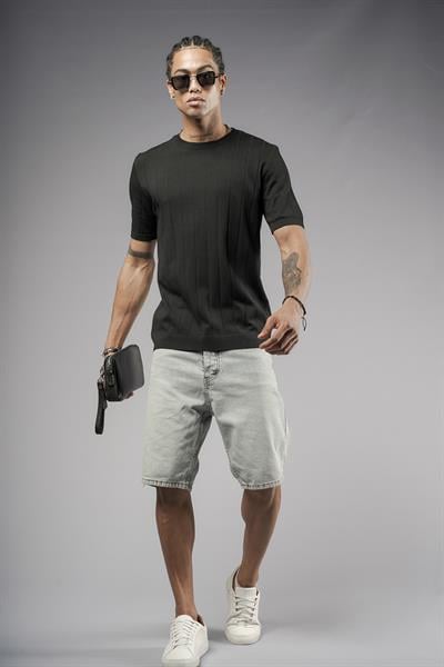 Bisiklet Yaka Regular Kalıp Fitilli Triko Tişört