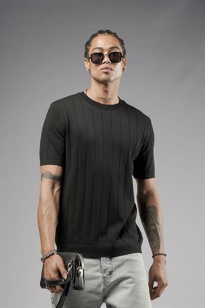 Bisiklet Yaka Regular Kalıp Fitilli Triko Tişört