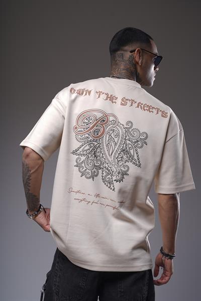 Bisiklet Yaka Sırtı Etnik Desen Baskılı Oversize Kalıp Unisex Tişört