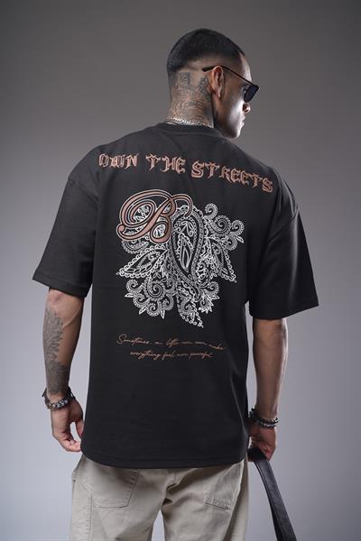 Bisiklet Yaka Sırtı Etnik Desen Baskılı Oversize Kalıp Unisex Tişört