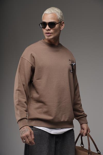 Bisiklet Yaka Sırtı Leylek Baskılı Nakışlı Oversize Kalıp Sweatshirt