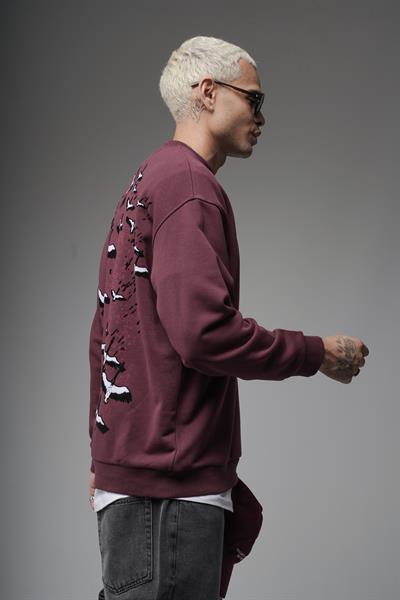Bisiklet Yaka Sırtı Leylek Baskılı Nakışlı Oversize Kalıp Sweatshirt