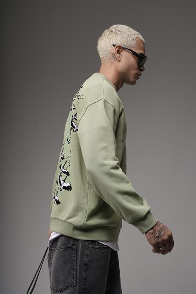 Bisiklet Yaka Sırtı Leylek Baskılı Nakışlı Oversize Kalıp Sweatshirt