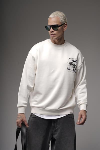 Bisiklet Yaka Sırtı Leylek Baskılı Nakışlı Oversize Kalıp Sweatshirt