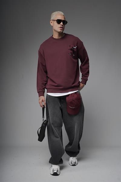 Bisiklet Yaka Sırtı Leylek Baskılı Nakışlı Oversize Kalıp Sweatshirt