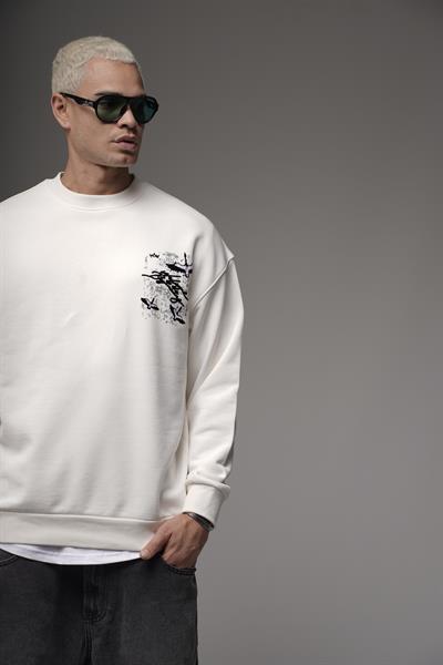 Bisiklet Yaka Sırtı Leylek Baskılı Nakışlı Oversize Kalıp Sweatshirt