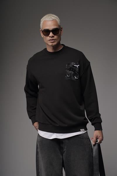 Bisiklet Yaka Sırtı Leylek Baskılı Nakışlı Oversize Kalıp Sweatshirt