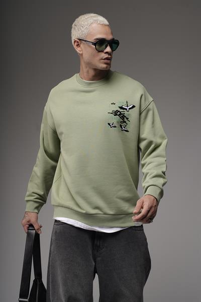 Bisiklet Yaka Sırtı Leylek Baskılı Nakışlı Oversize Kalıp Sweatshirt
