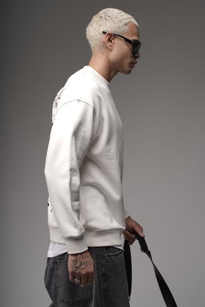 Bisiklet Yaka Sırtı Leylek Baskılı Nakışlı Oversize Kalıp Sweatshirt