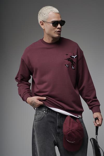 Bisiklet Yaka Sırtı Leylek Baskılı Nakışlı Oversize Kalıp Sweatshirt