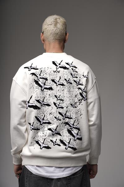 Bisiklet Yaka Sırtı Leylek Baskılı Nakışlı Oversize Kalıp Sweatshirt