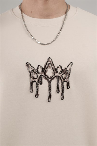 Bisiklet Yaka Taşlı Logo Detaylı Oversize Kalıp Erkek Tişört