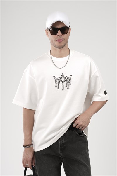 Bisiklet Yaka Taşlı Logo Detaylı Oversize Kalıp Erkek Tişört