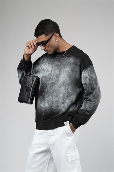 Bisiklet Yaka Yıkamalı Oversize Kalıp Logolu Sweatshirt