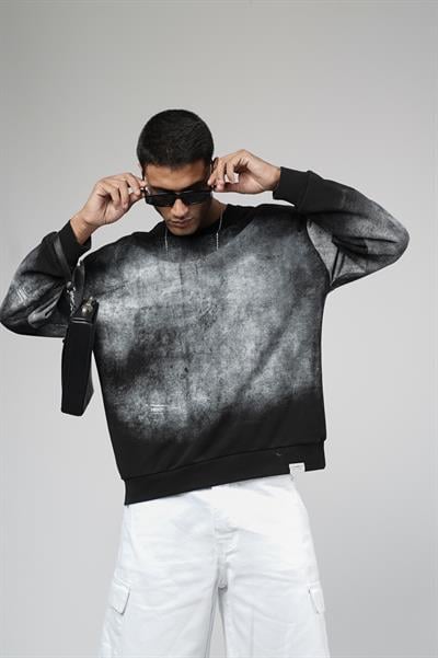 Bisiklet Yaka Yıkamalı Oversize Kalıp Logolu Sweatshirt