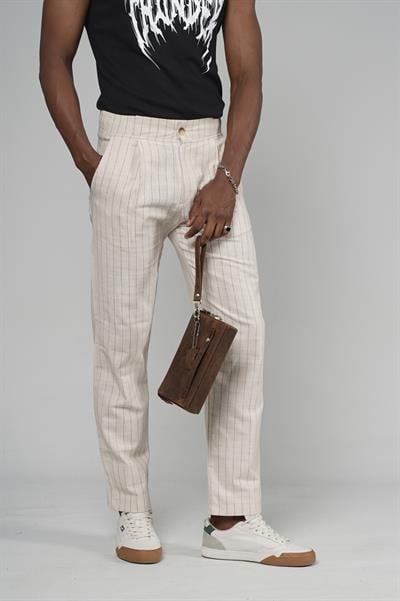 Çizgili Baggy Kalıp Cepli Keten Pantolon