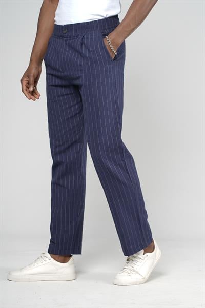 Çizgili Baggy Kalıp Cepli Keten Pantolon
