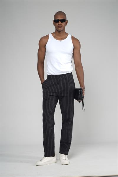 Çizgili Baggy Kalıp Cepli Keten Pantolon