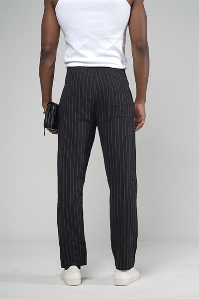 Çizgili Baggy Kalıp Cepli Keten Pantolon