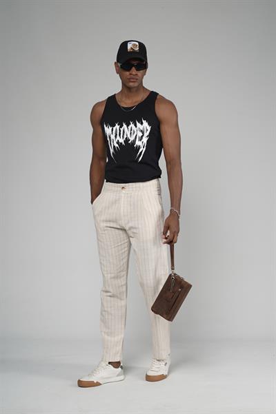 Çizgili Baggy Kalıp Cepli Keten Pantolon