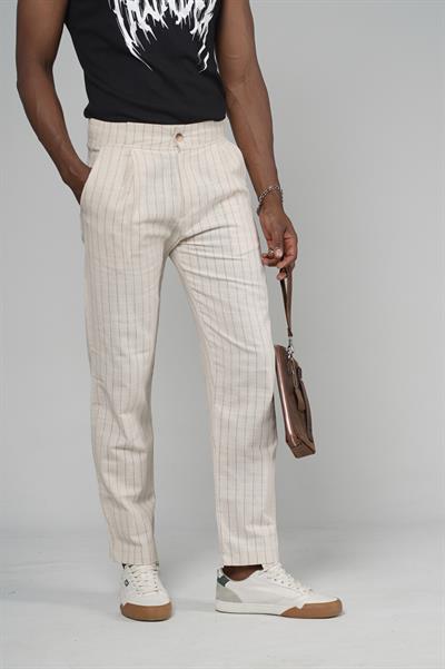 Çizgili Baggy Kalıp Cepli Keten Pantolon